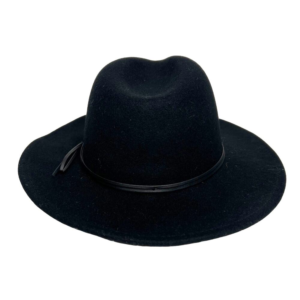 ANN TAYLOR Short Brim Hat 100% Wool Felted Brimmed Leather Trim Black Size M/L